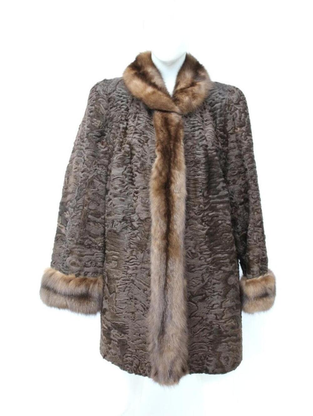 Excellent Brown Swakara Lamb & Sable Fur Coat Women Woman Size 6-8 Small-Medium